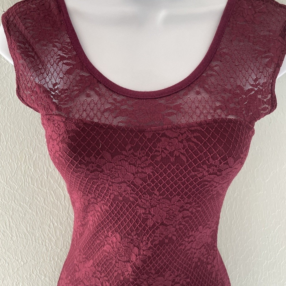 Vintage Y2K Mesh Lace Floral Burgandy Red Fitted Top Long Sheer Vamp Goth Small - Picture 5 of 9